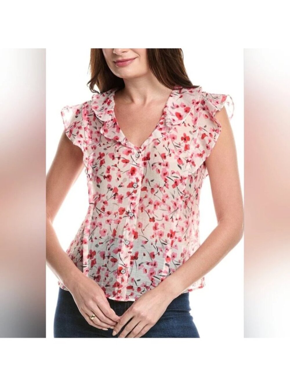 CABI Besotted Ruffled Button Front V-neck Pink & Red Sz M #6510 NWOT